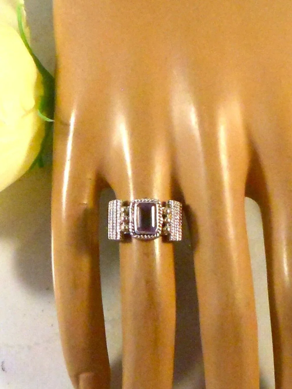 Sterling Silver Amethyst Ring - Unique Textured Design Ring Size 6 1/4